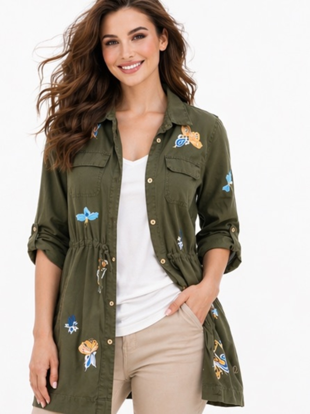 Chicos Womens Floral Embroidered Utility Jacket Olive Green Button Front Pocket